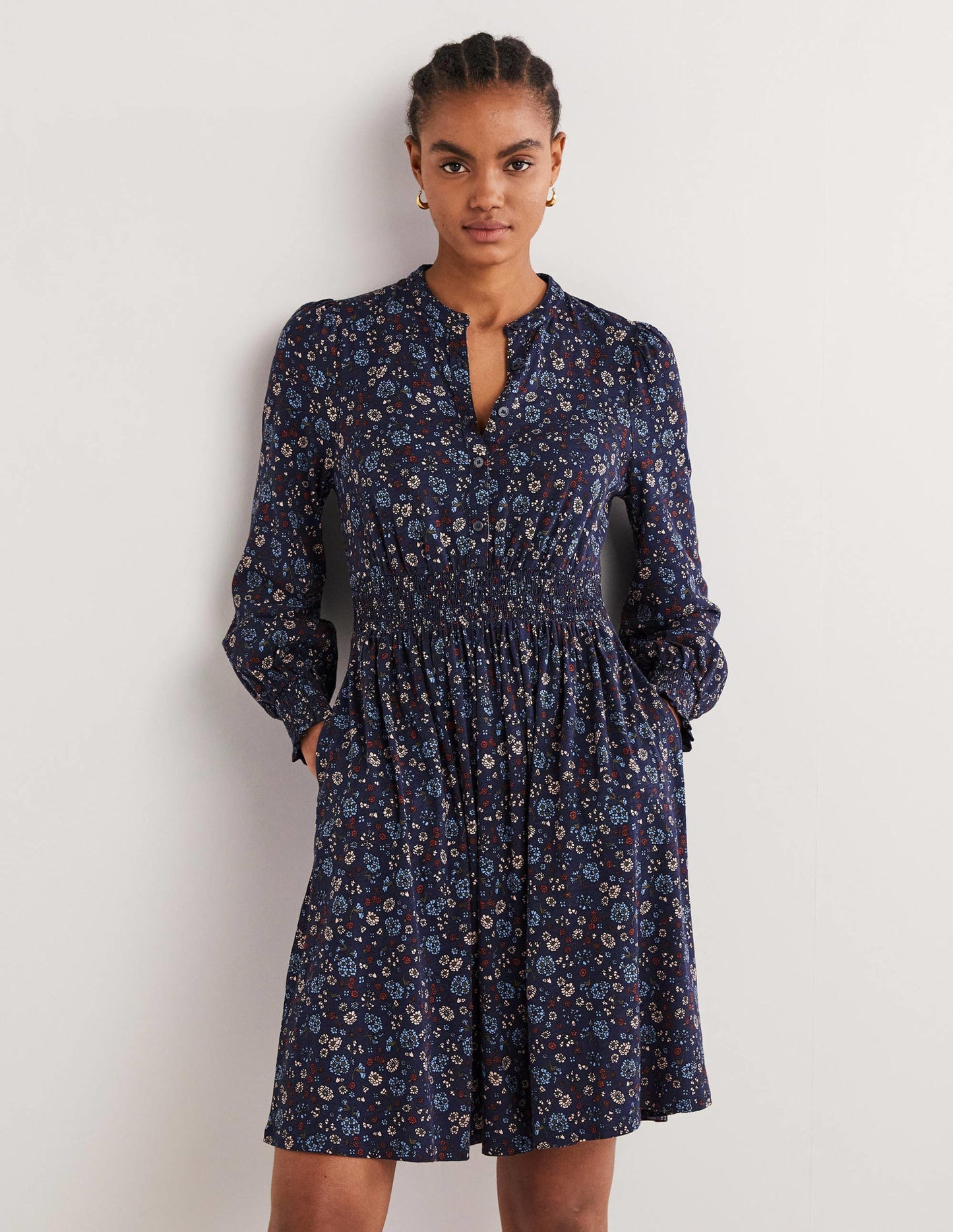 Smocked Jersey Shirt Dress-Navy, Ditsy Charm