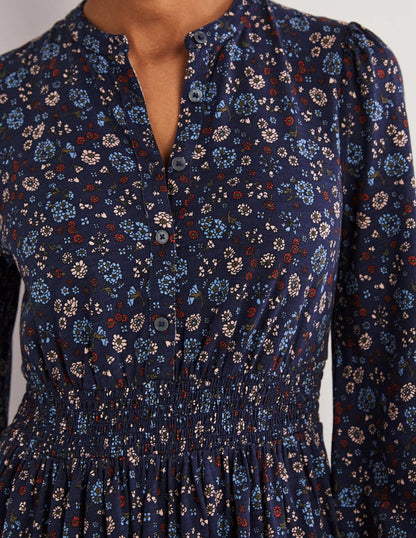 Smocked Jersey Shirt Dress-Navy, Ditsy Charm-2