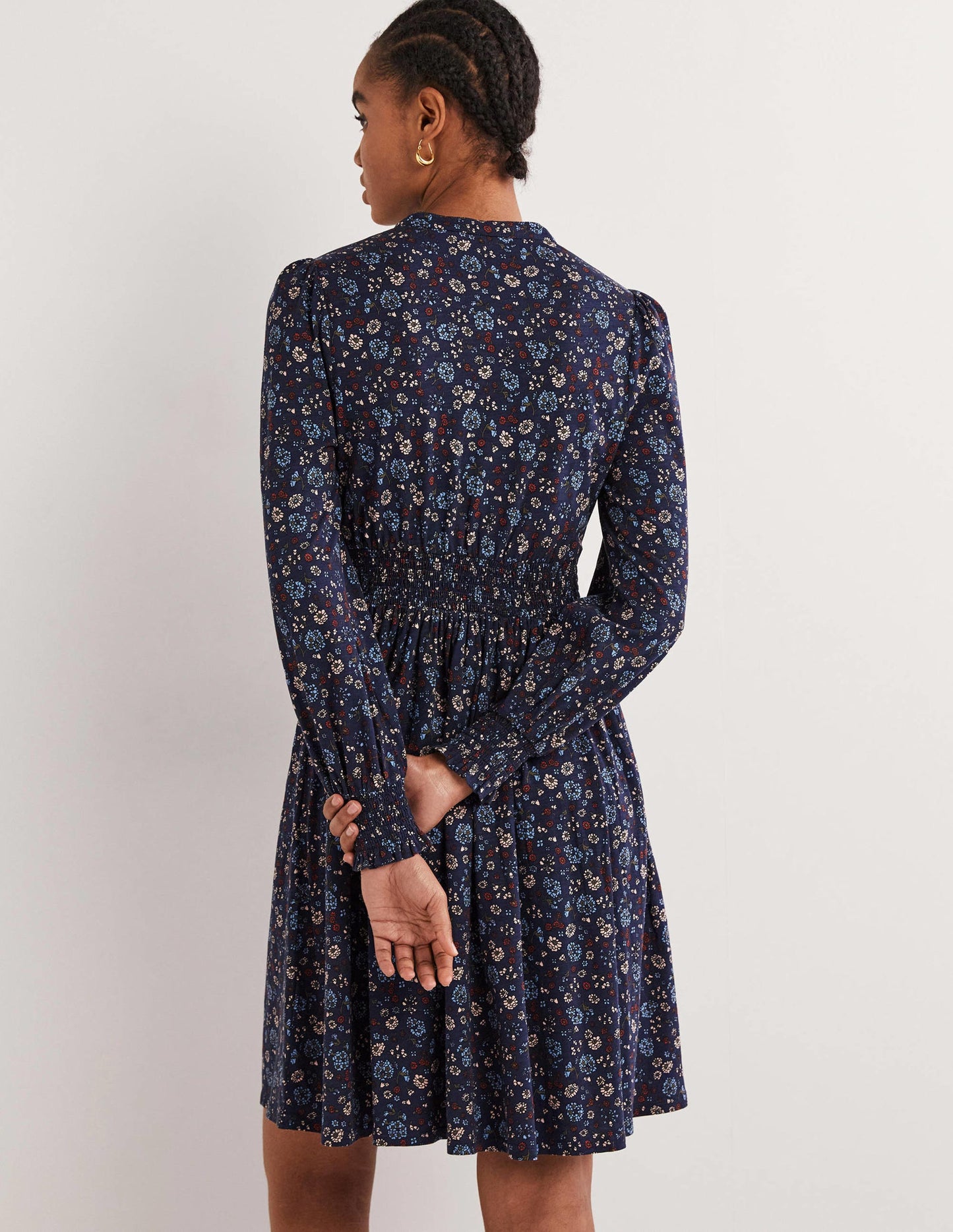 Smocked Jersey Shirt Dress-Navy, Ditsy Charm