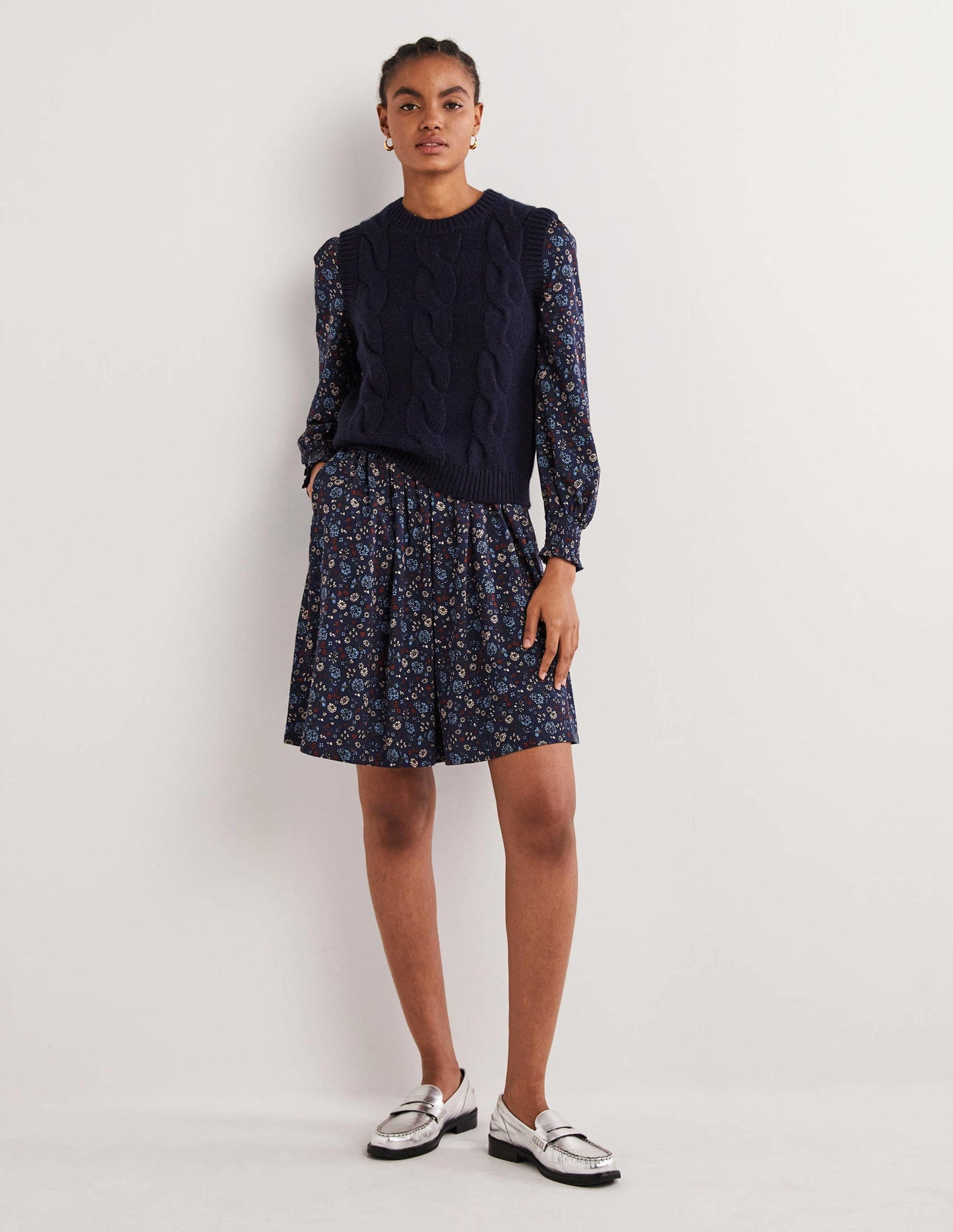 Smocked Jersey Shirt Dress-Navy, Ditsy Charm