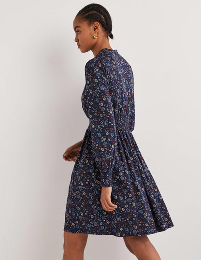 Smocked Jersey Shirt Dress-Navy, Ditsy Charm-5