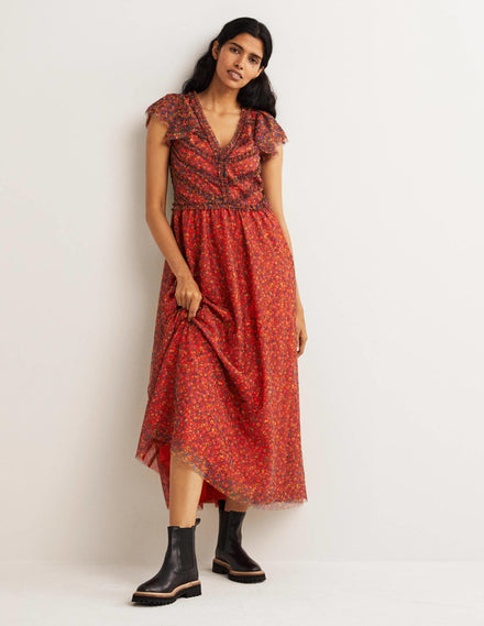 Tulle V-Neck Maxi Party Dress-Rocket Red, Floral Terrace