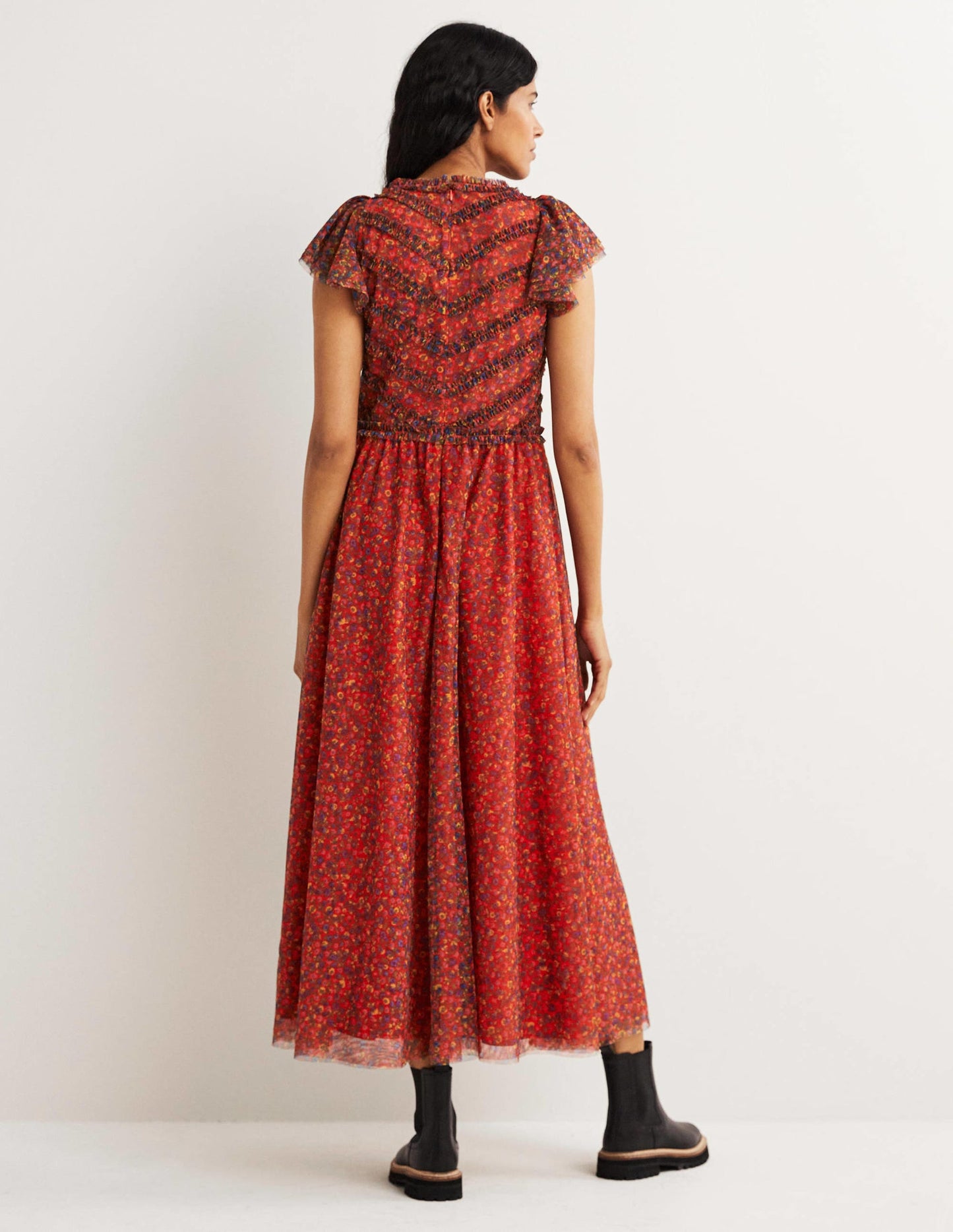Tulle V-Neck Maxi Party Dress-Rocket Red, Floral Terrace