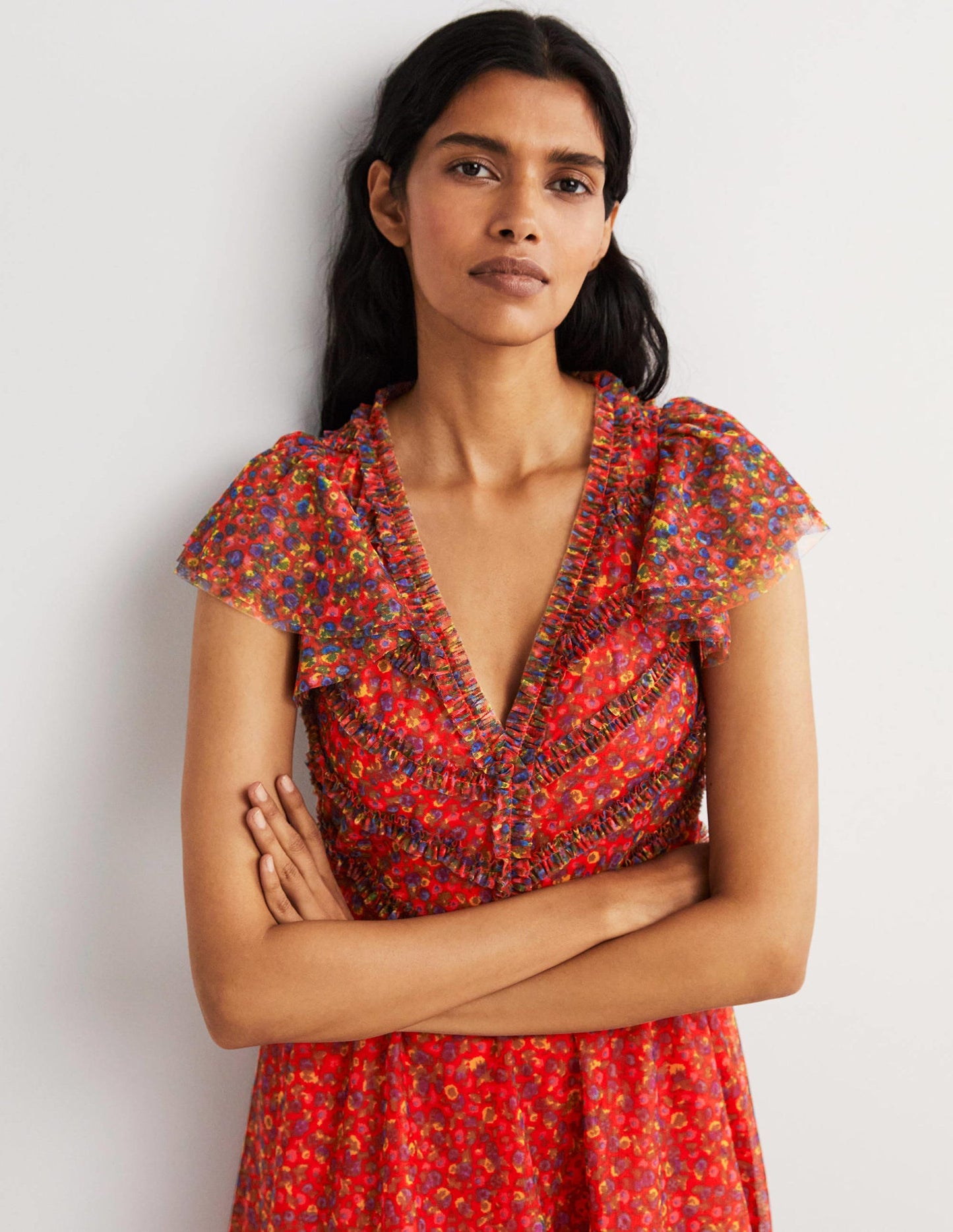 Tulle V-Neck Maxi Party Dress-Rocket Red, Floral Terrace
