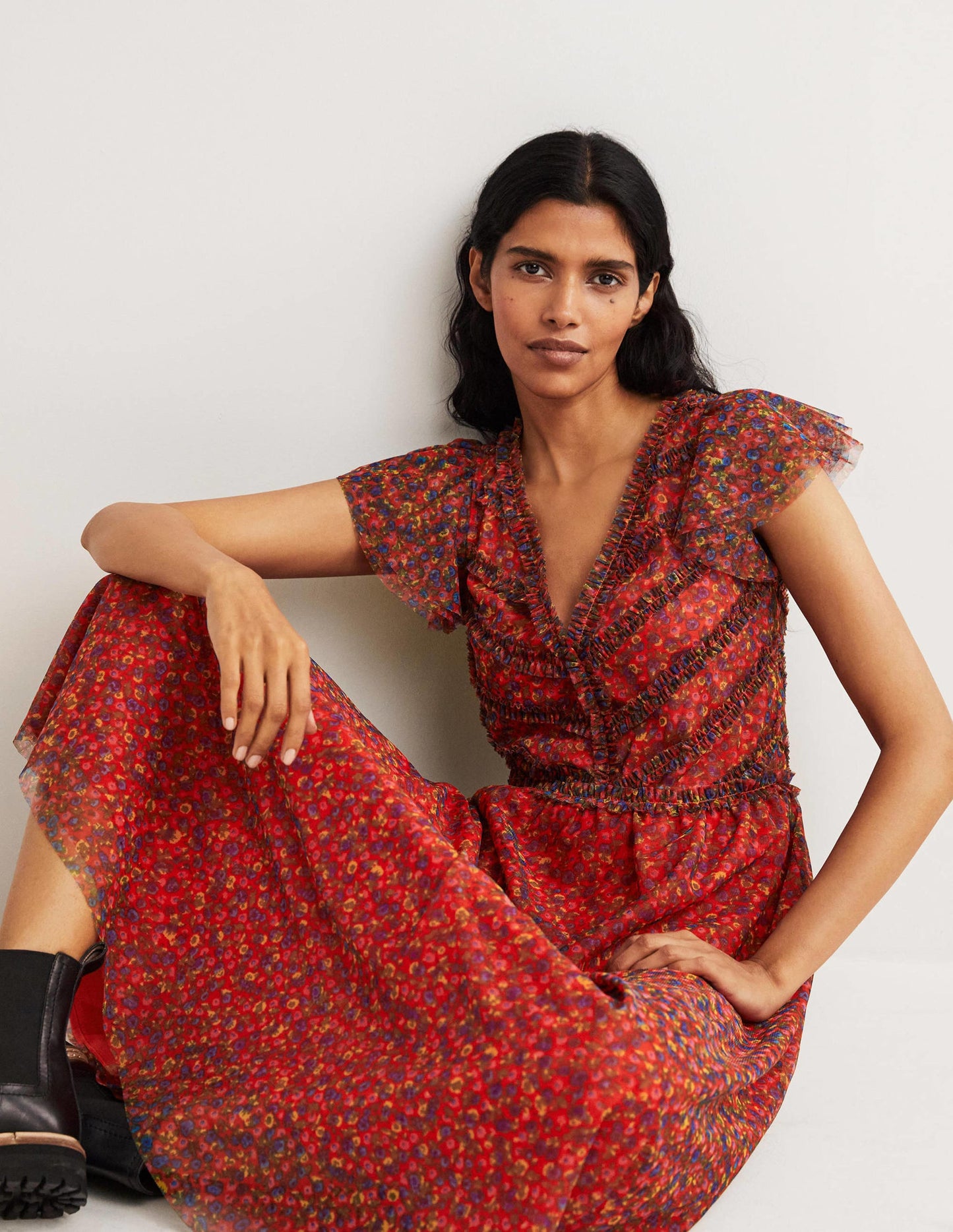 Tulle V-Neck Maxi Party Dress-Rocket Red, Floral Terrace