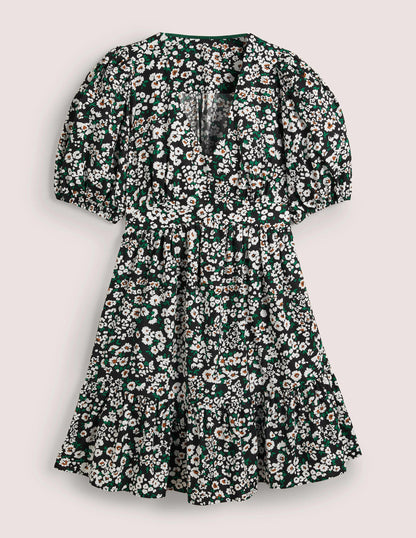 Puff Sleeve Tiered Dress-Black, Heart Bloom-6