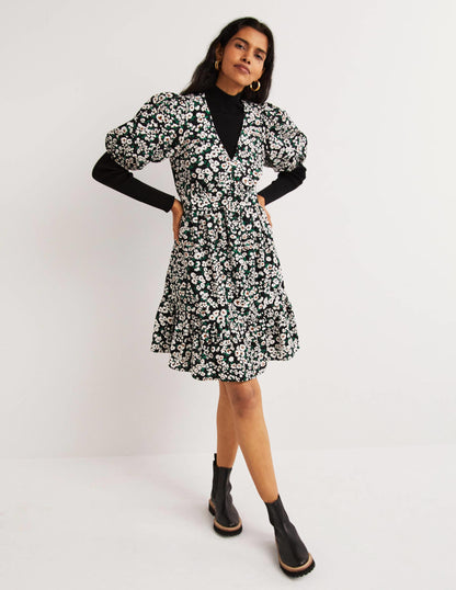 Puff Sleeve Tiered Dress-Black, Heart Bloom-1