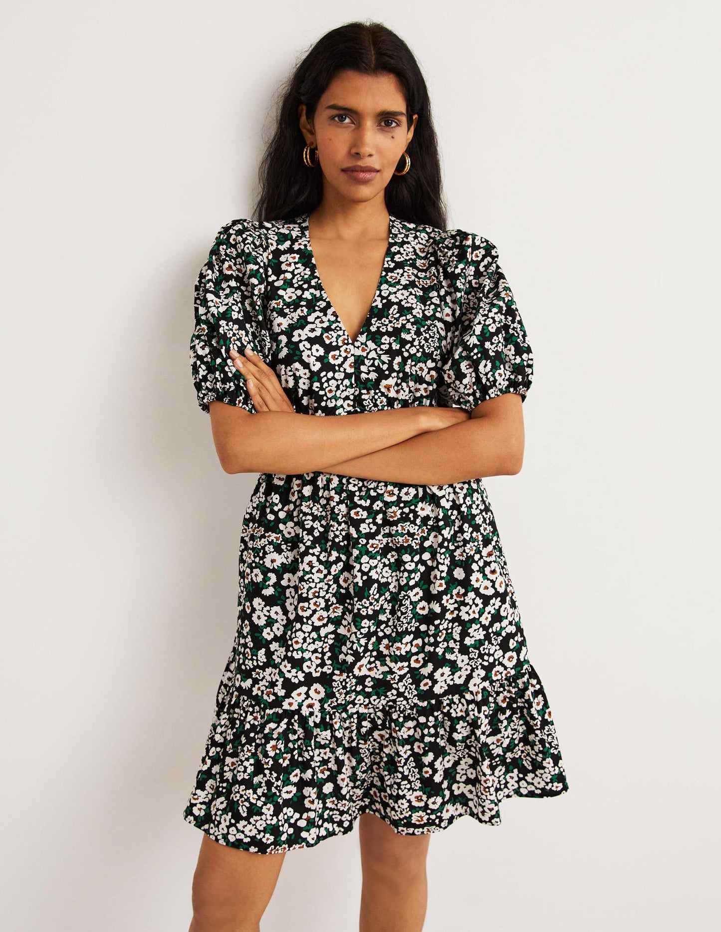 Puff Sleeve Tiered Dress-Black, Heart Bloom