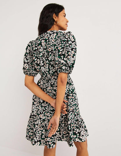 Puff Sleeve Tiered Dress-Black, Heart Bloom-4