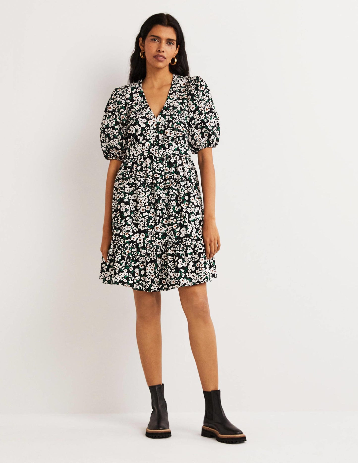 Puff Sleeve Tiered Dress-Black, Heart Bloom