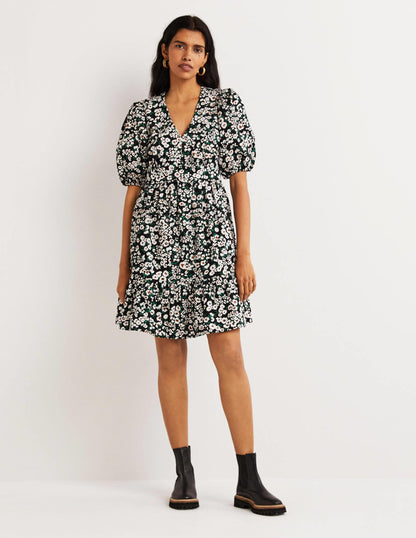 Puff Sleeve Tiered Dress-Black, Heart Bloom-5