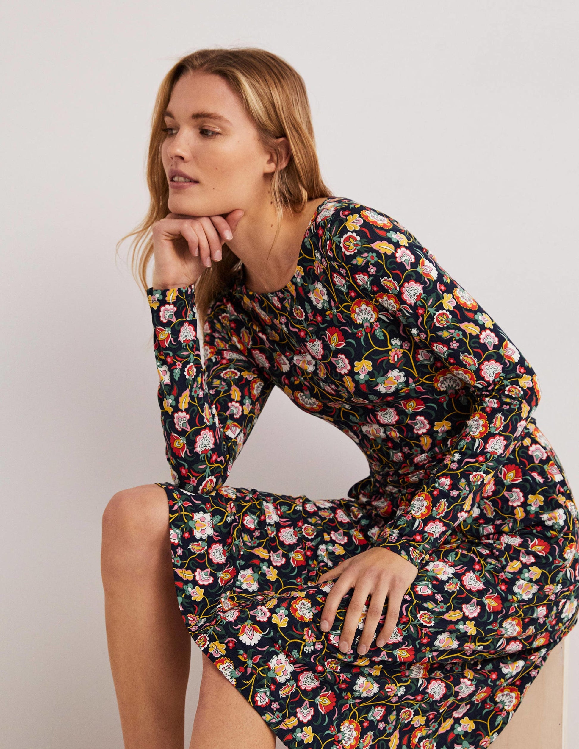Abigail Jersey Dress-French Navy, Opulent Floral-5