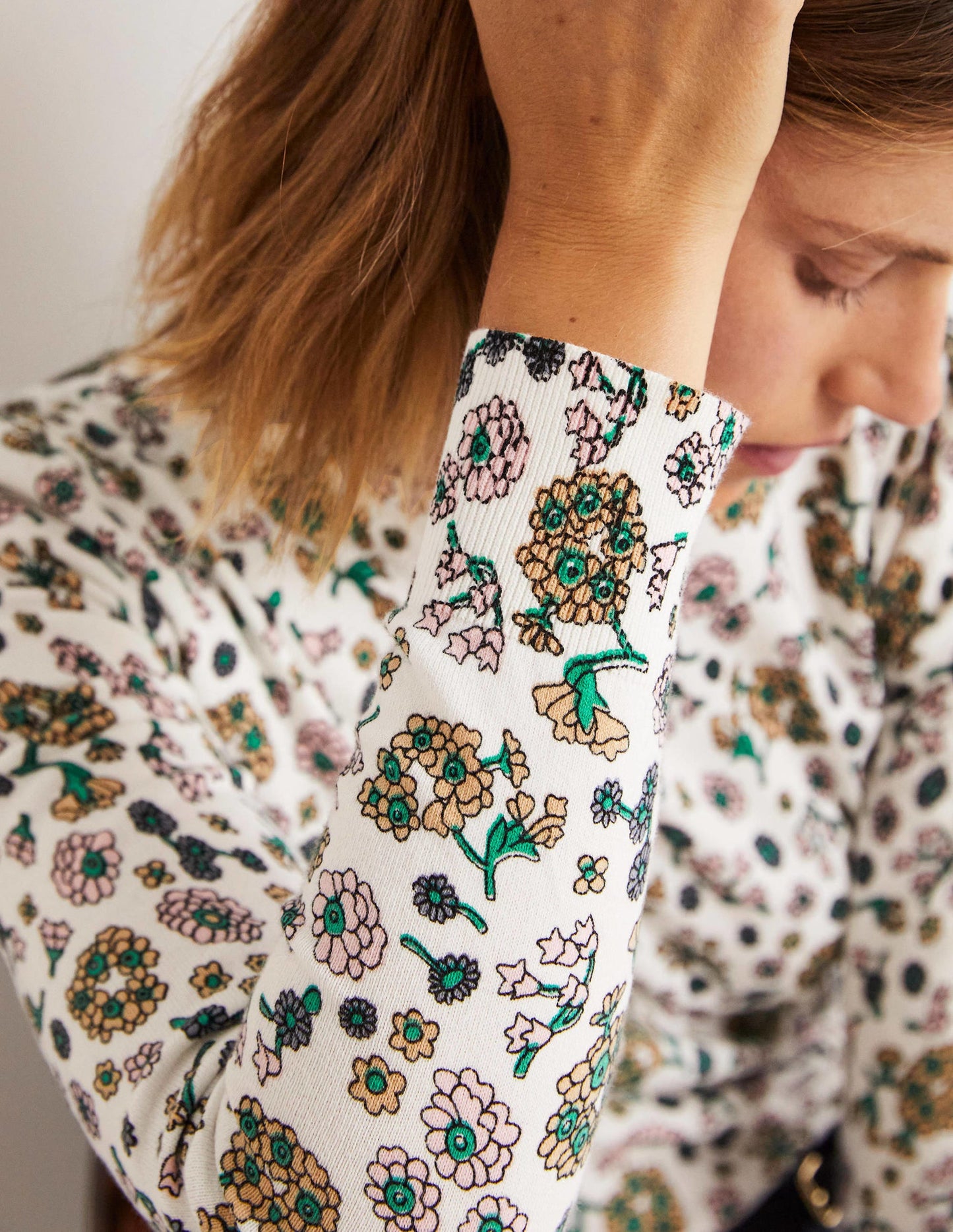 Cotton Crew Neck Jumper-Ivory, Ditsy Charm