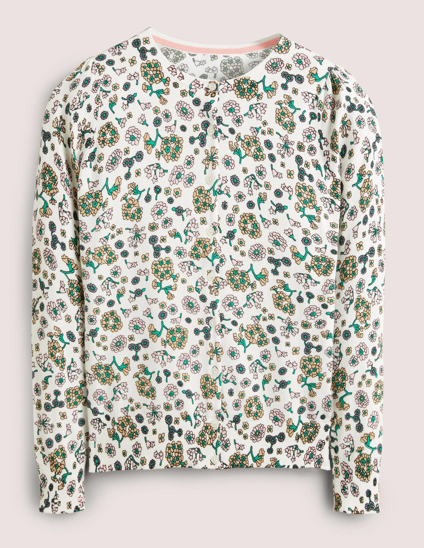 Cotton Crew Neck Cardigan-Ivory, Ditsy Charm