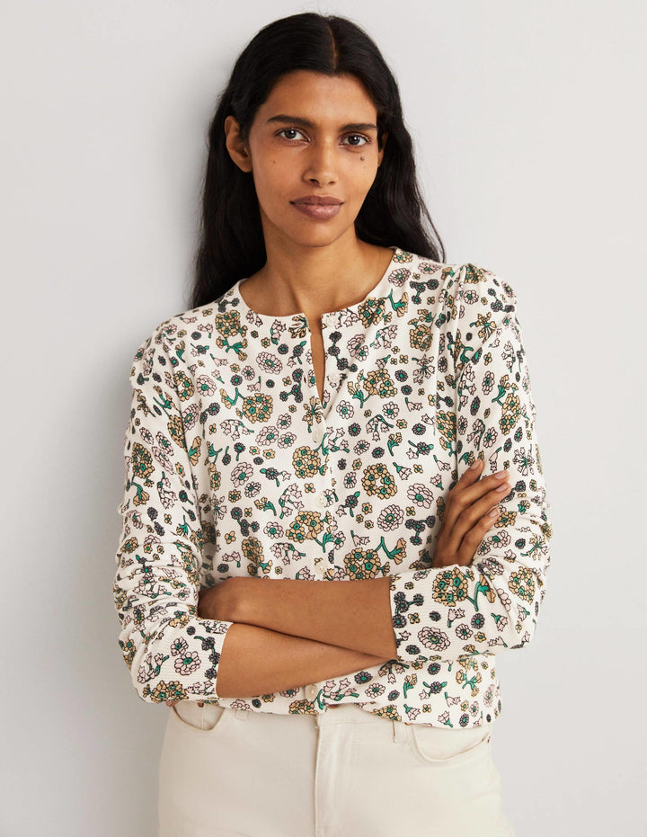 Cotton Crew Neck Cardigan-Ivory, Ditsy Charm