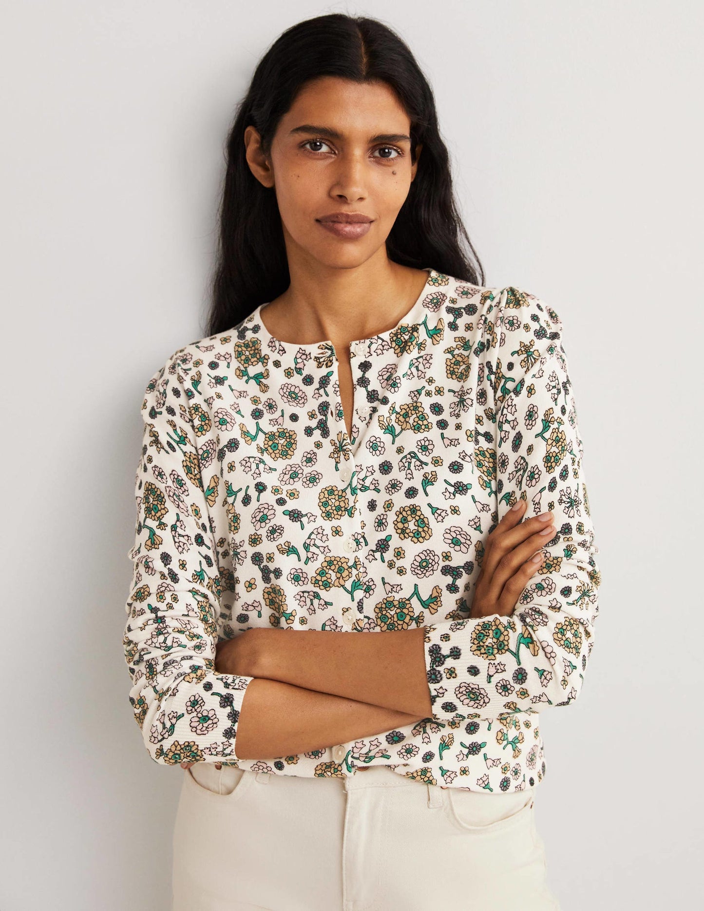 Cotton Crew Neck Cardigan-Ivory, Ditsy Charm