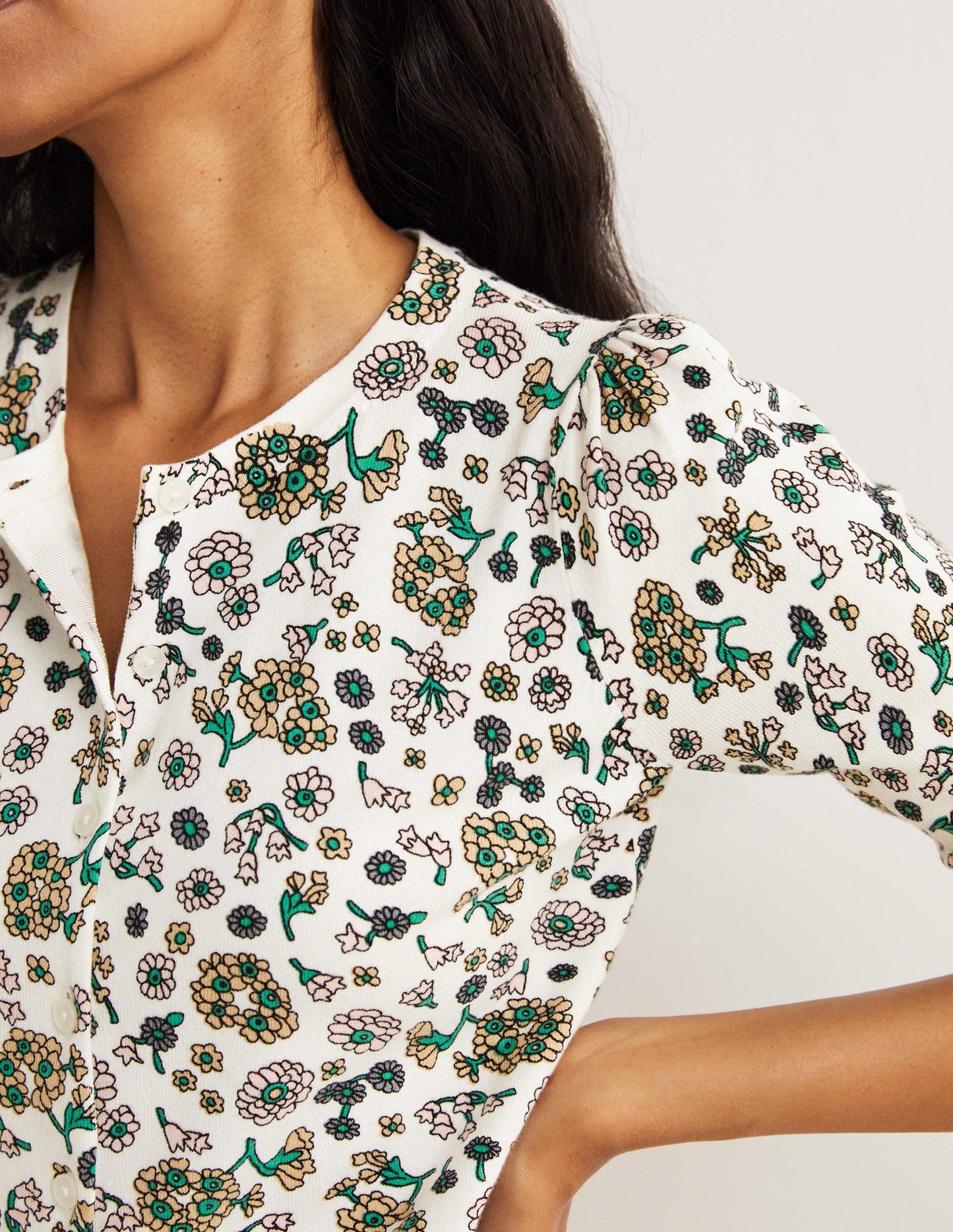 Cotton Crew Neck Cardigan-Ivory, Ditsy Charm