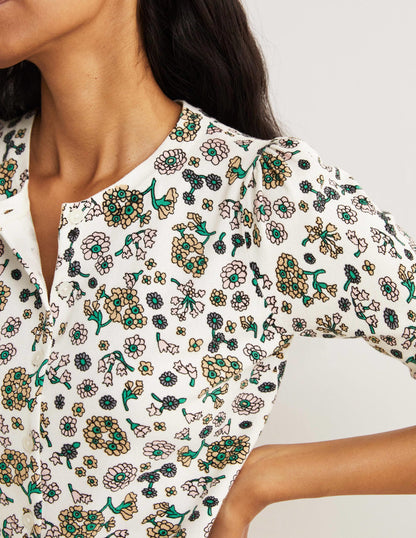 Cotton Crew Neck Cardigan-Ivory, Ditsy Charm-2