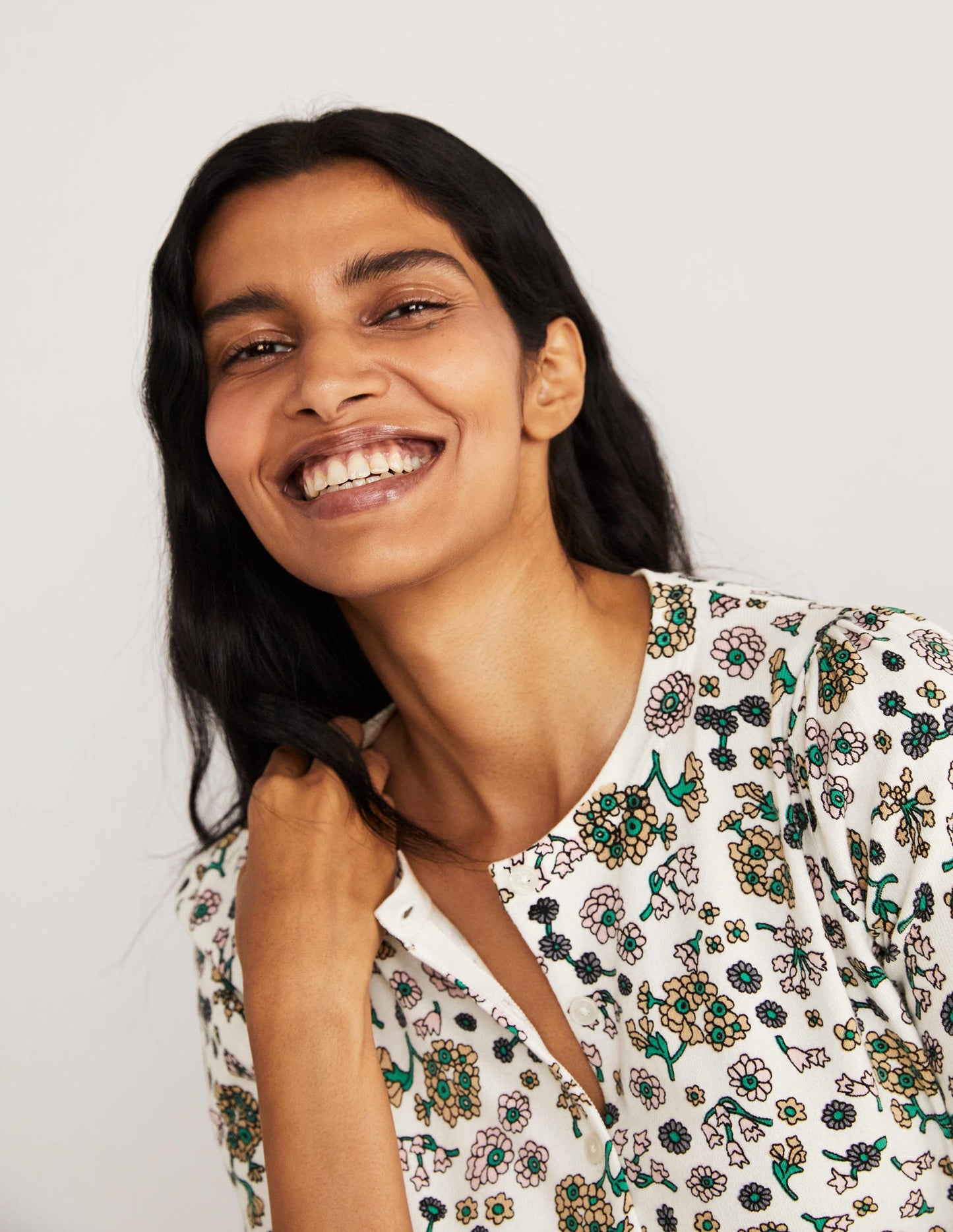 Cotton Crew Neck Cardigan-Ivory, Ditsy Charm