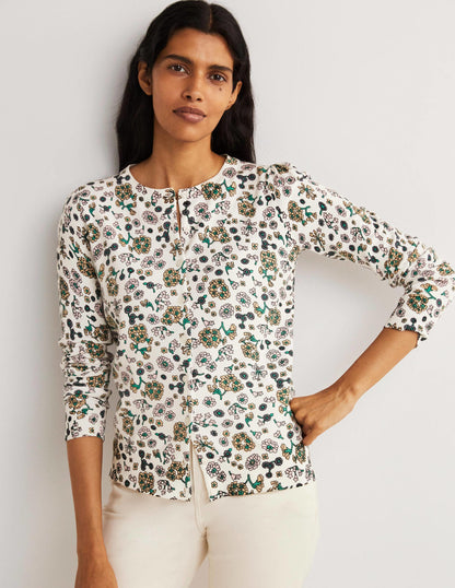 Cotton Crew Neck Cardigan-Ivory, Ditsy Charm-5