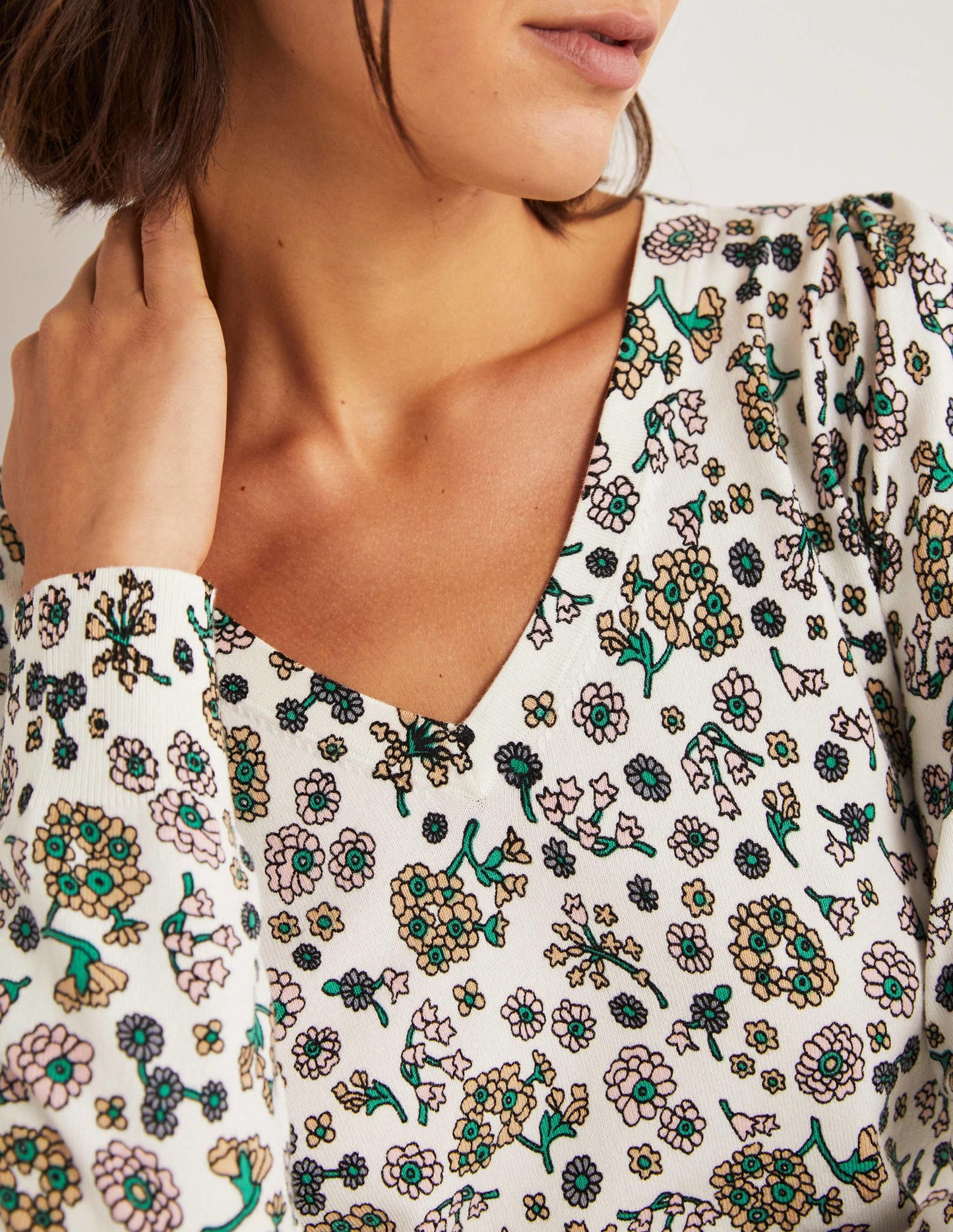 Cotton V-Neck Jumper-Ivory, Ditsy Charm