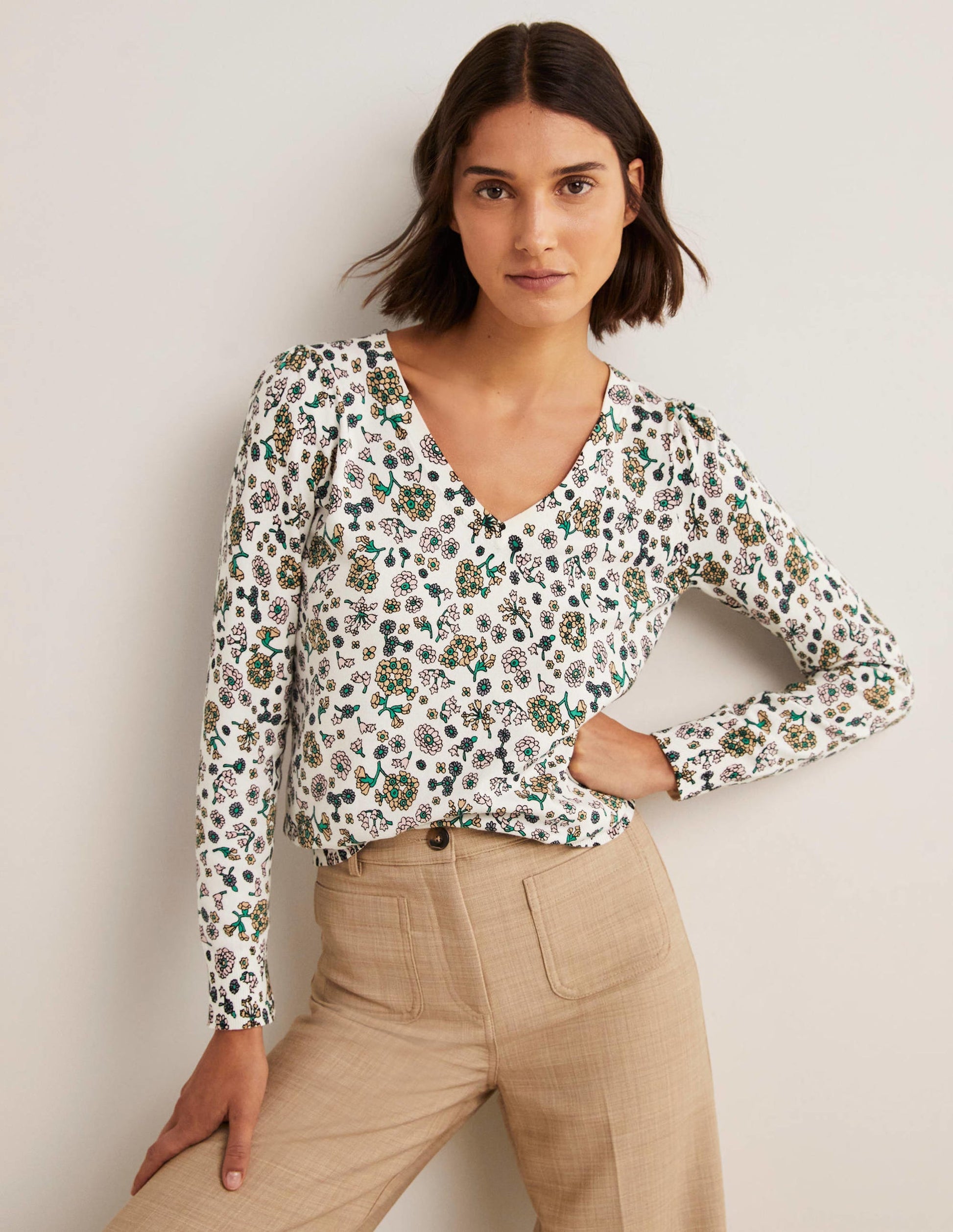 Cotton V-Neck Jumper-Ivory, Ditsy Charm-4