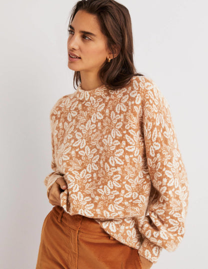 Blouson Sleeve Fluffy Jumper-Assam Brown, Acorn Leaf-2