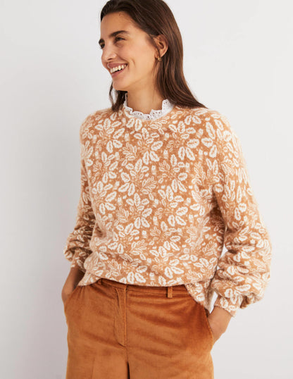 Blouson Sleeve Fluffy Jumper-Assam Brown, Acorn Leaf-5