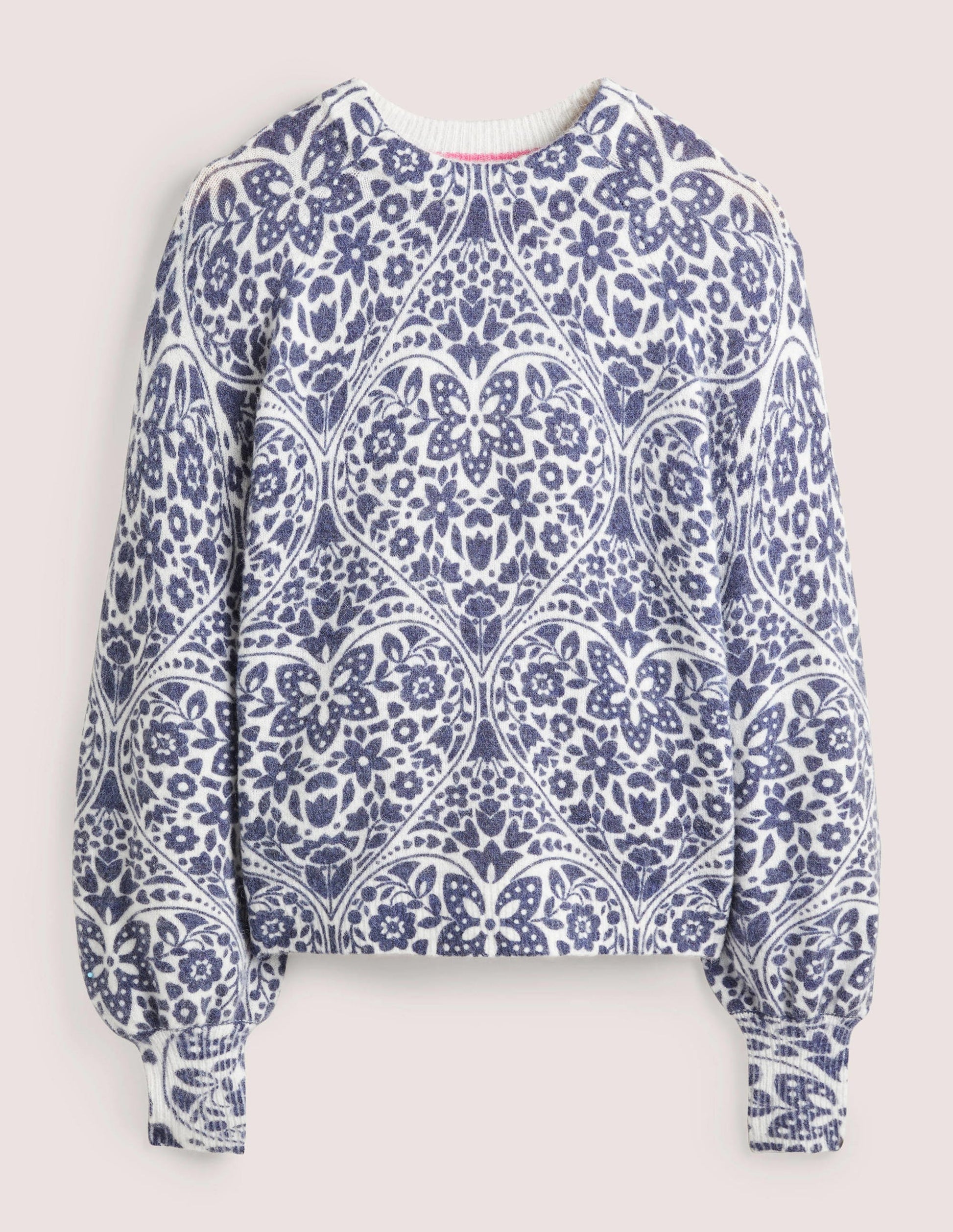 Blouson Sleeve Fluffy Jumper-Ivory, Navy Heart Bloom-5