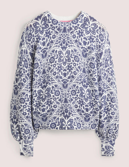 Blouson Sleeve Fluffy Jumper-Ivory, Navy Heart Bloom-5