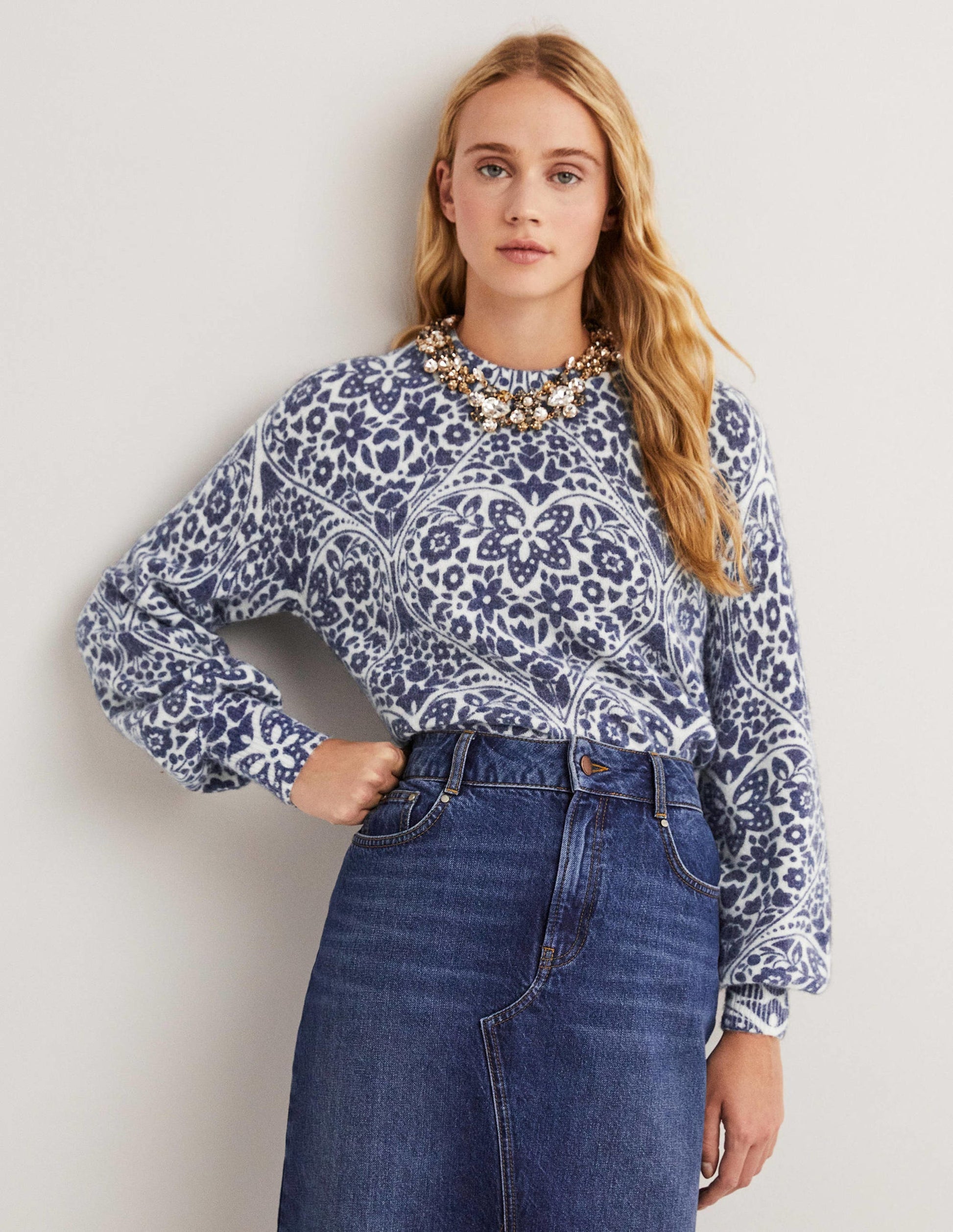 Blouson Sleeve Fluffy Jumper-Ivory, Navy Heart Bloom-1