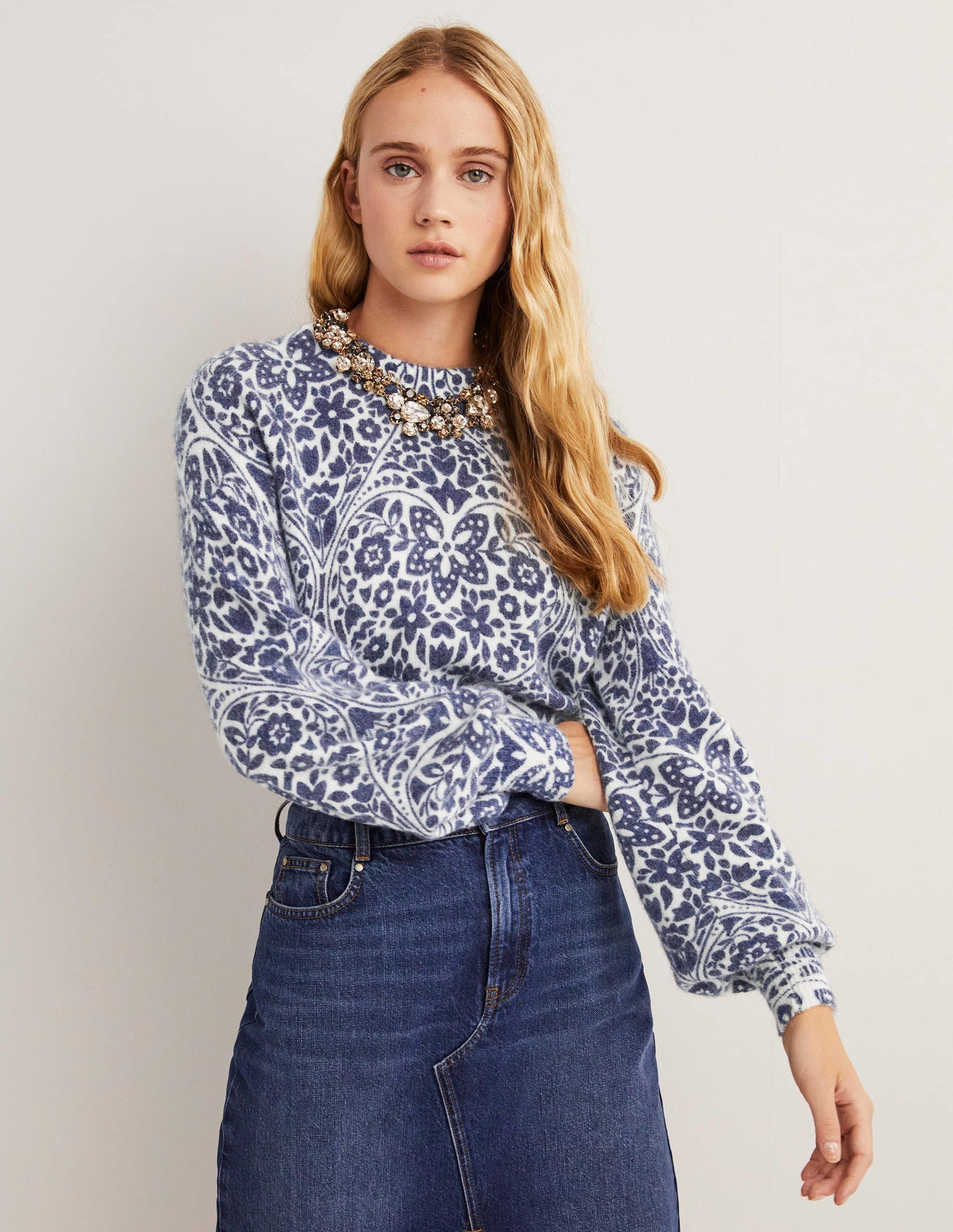 Blouson Sleeve Fluffy Jumper-Ivory, Navy Heart Bloom-4