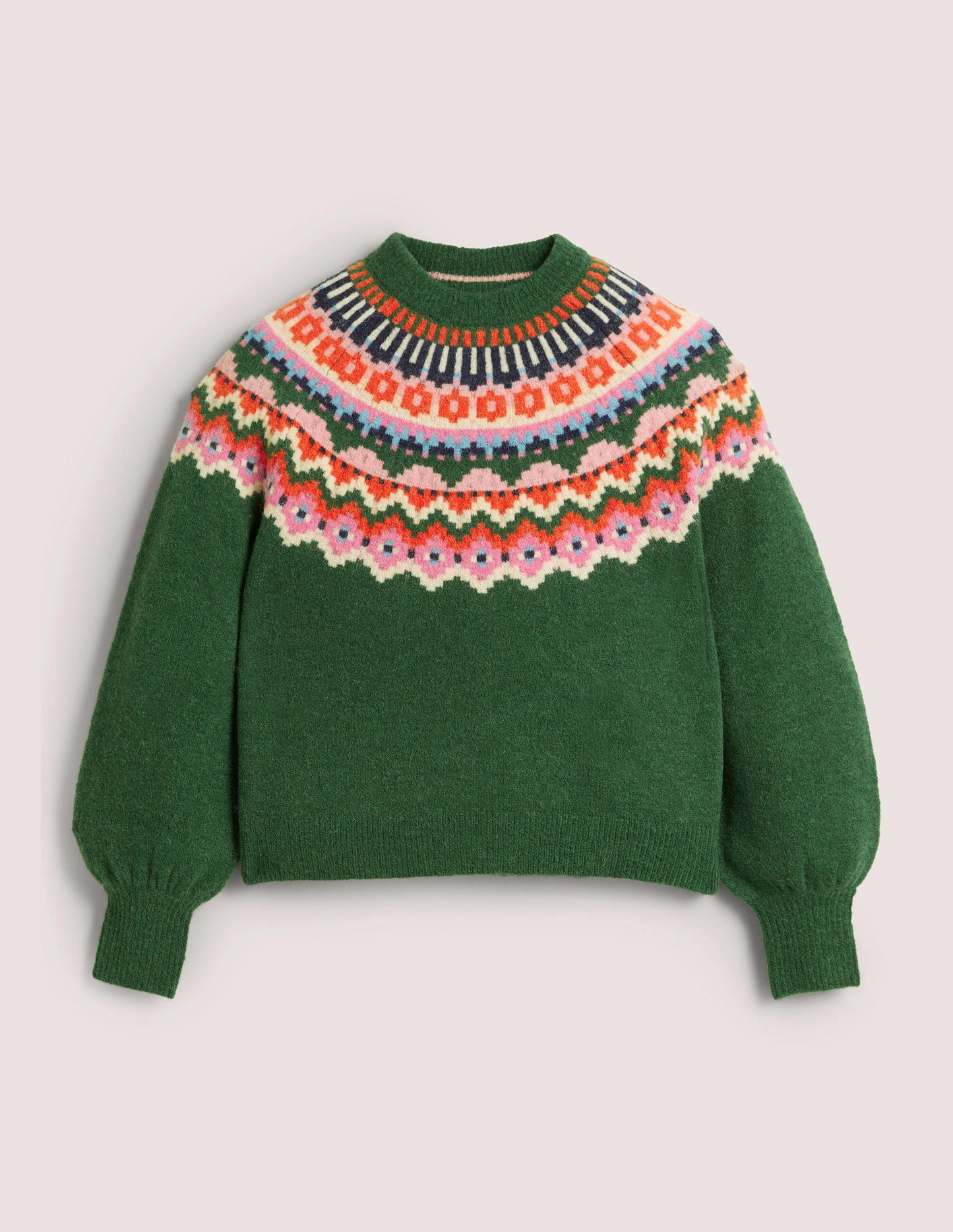 Blouson Sleeve Fluffy Jumper-Hunter Green, Fair Isle