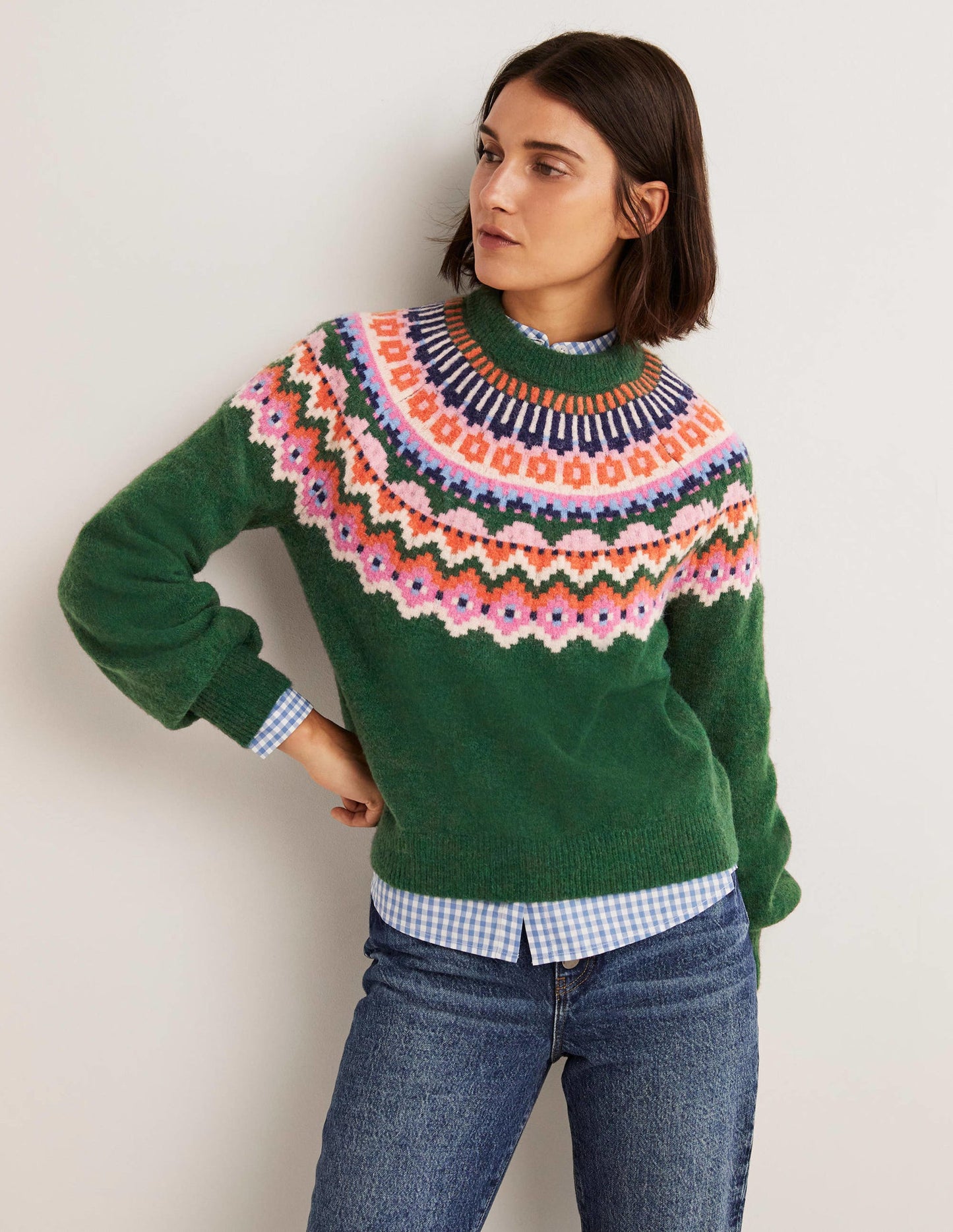 Blouson Sleeve Fluffy Jumper-Hunter Green, Fair Isle