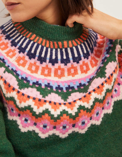 Blouson Sleeve Fluffy Jumper-Hunter Green, Fair Isle-2