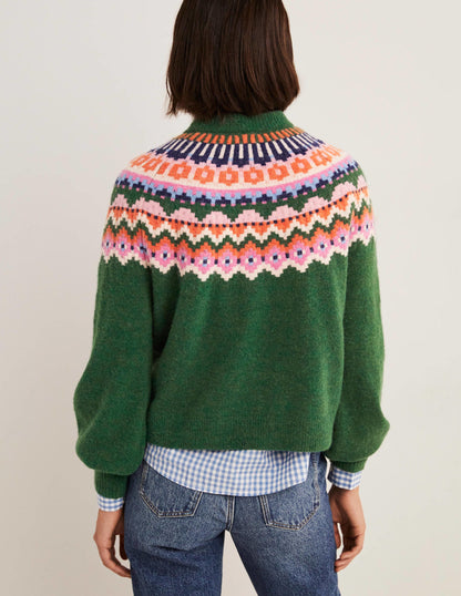 Blouson Sleeve Fluffy Jumper-Hunter Green, Fair Isle-3