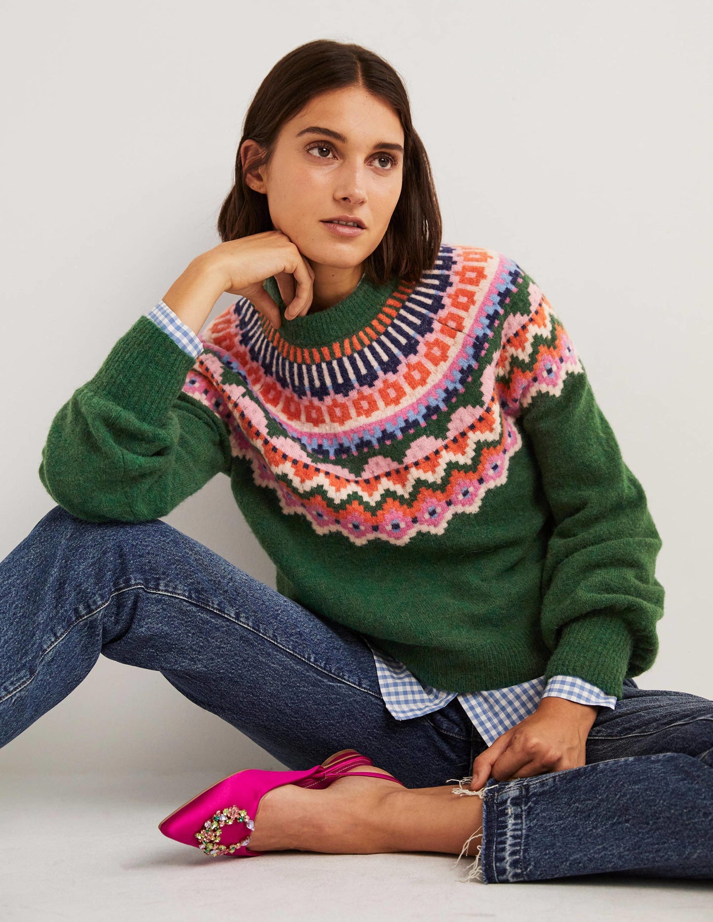 Blouson Sleeve Fluffy Jumper-Hunter Green, Fair Isle