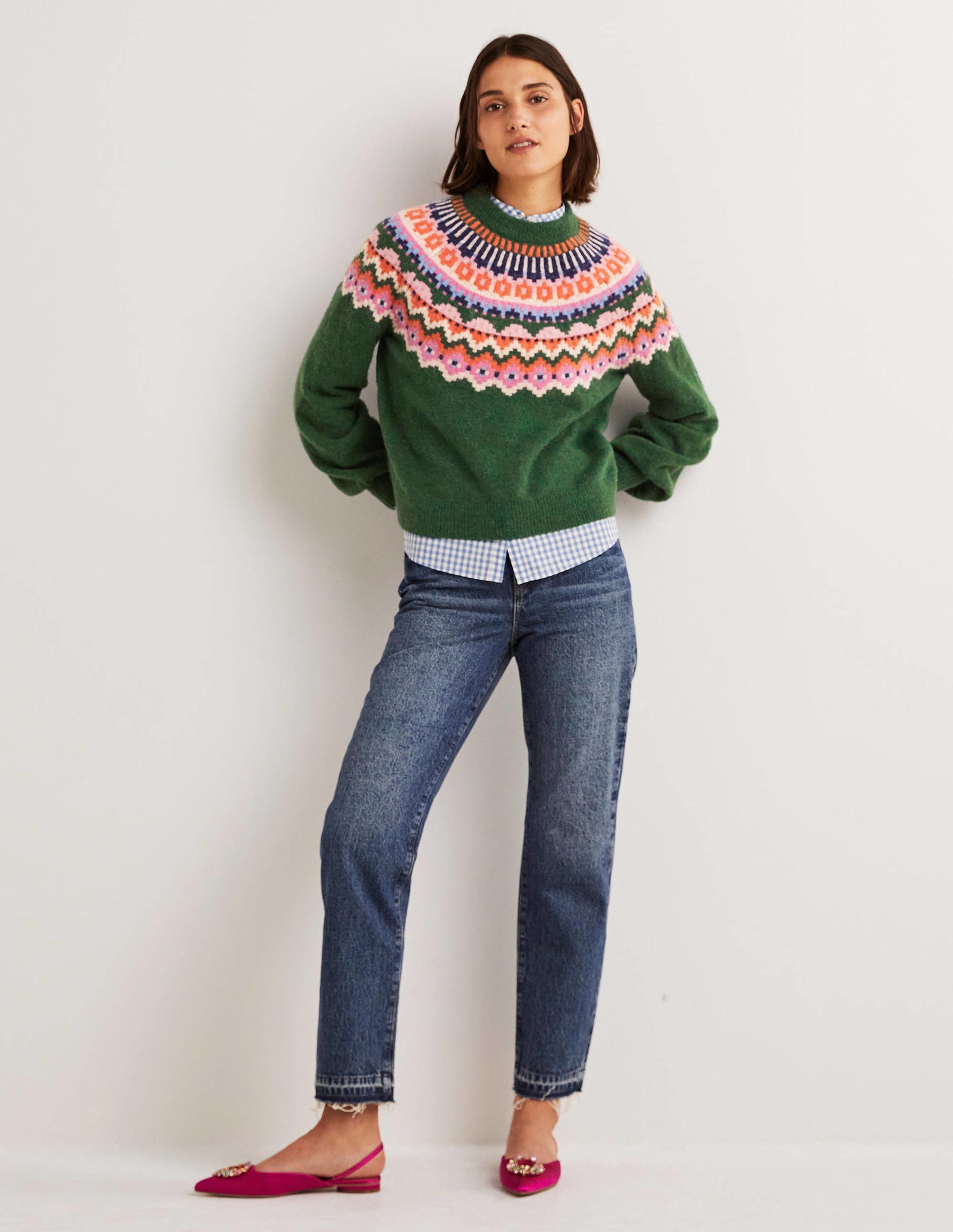Blouson Sleeve Fluffy Jumper-Hunter Green, Fair Isle-5