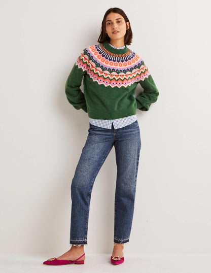 Blouson Sleeve Fluffy Jumper-Hunter Green, Fair Isle-5