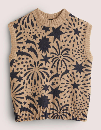 Chunky Cashmere Crew Neck Tank-Camel, Black Firework Bloom-5