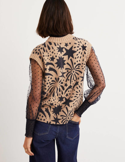 Chunky Cashmere Crew Neck Tank-Camel, Black Firework Bloom-3