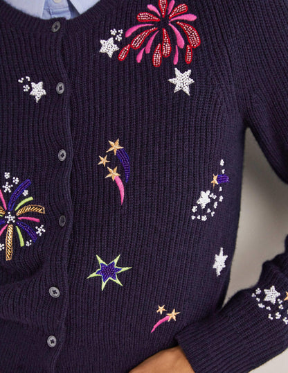 Navy Fireworks-Embellished Ribbed Cardigan-Navy, Embellished Fireworks-2