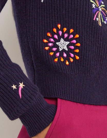 Navy Fireworks-Embellished Ribbed Cardigan-Navy, Embellished Fireworks-4