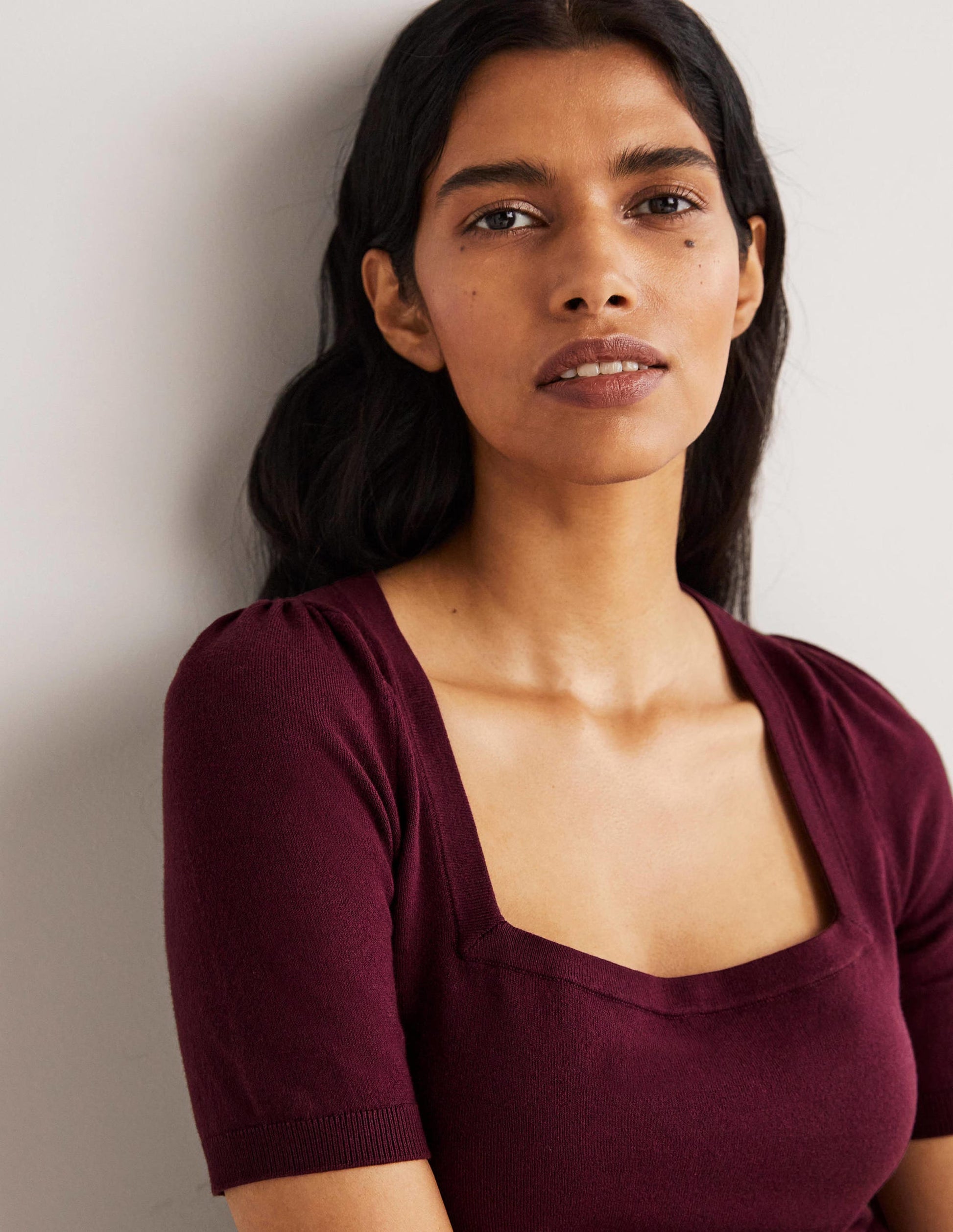 Cotton Square Neck Knitted Top-Berry-2