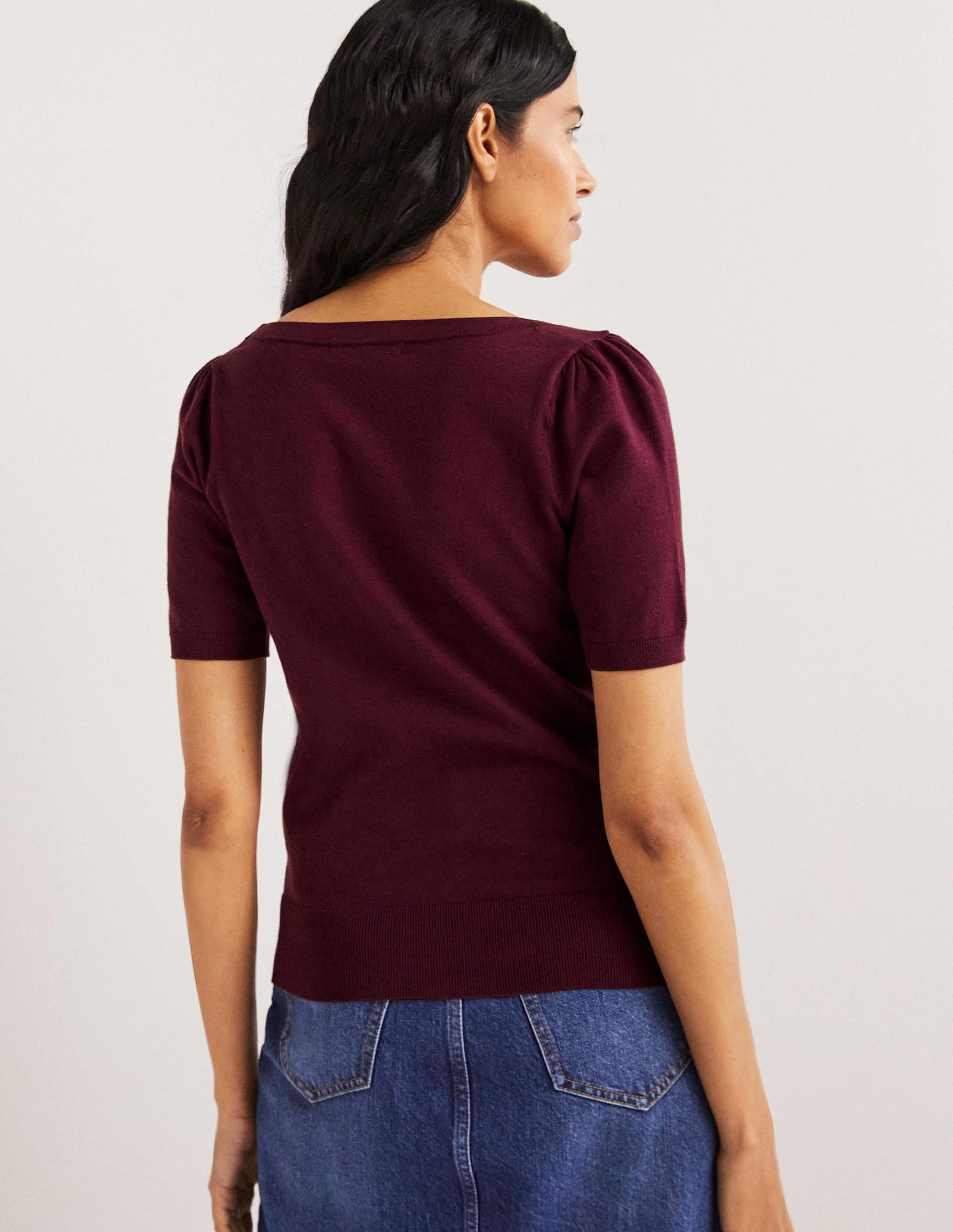 Cotton Square Neck Knitted Top-Berry-3