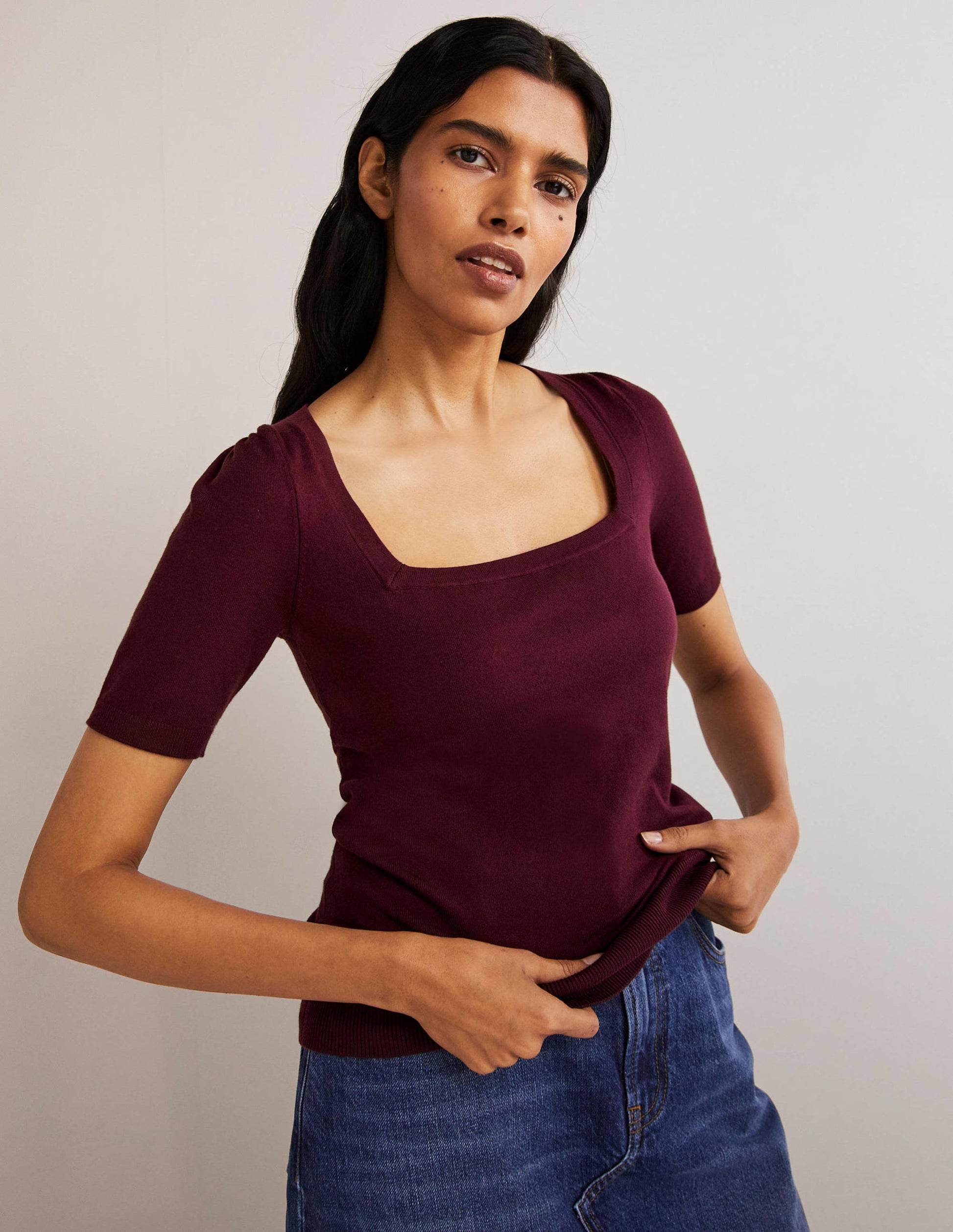 Cotton Square Neck Knitted Top-Berry-4