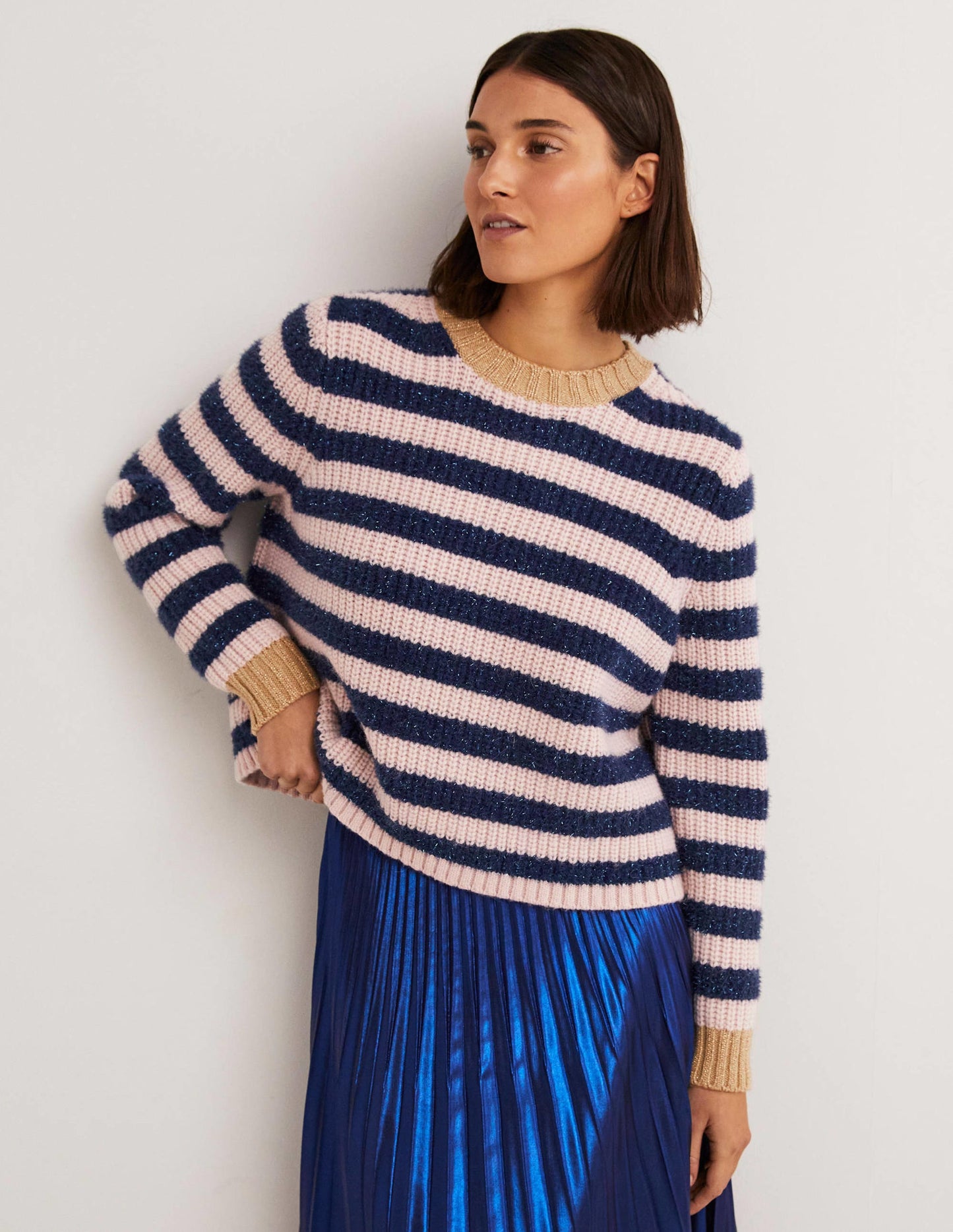 Navy Sparkle Stripe Ribbed Jumper-Navy, Pink Tinsel Stripe