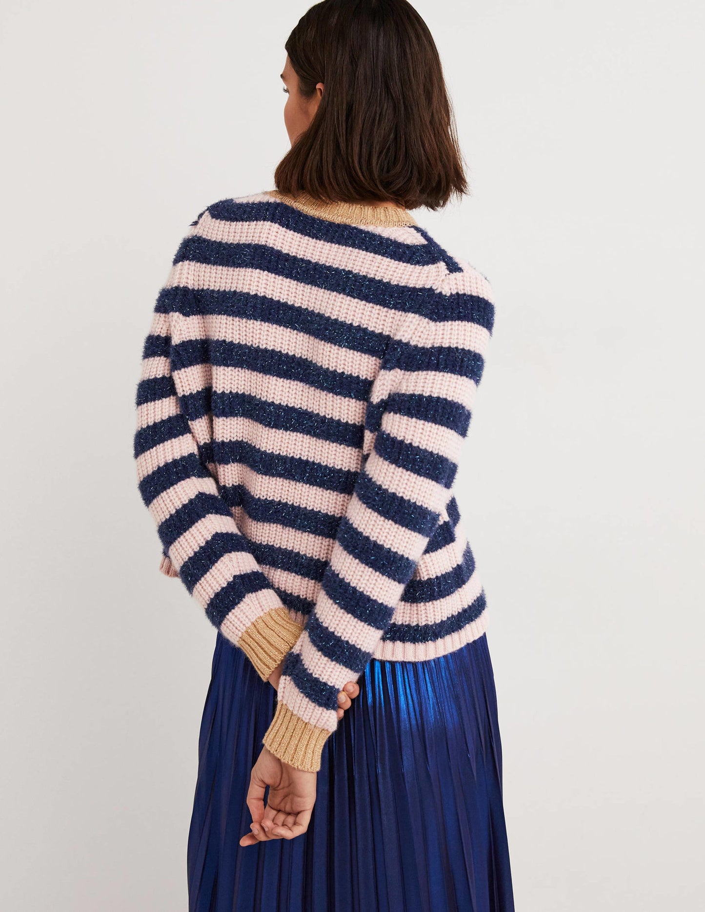 Navy Sparkle Stripe Ribbed Jumper-Navy, Pink Tinsel Stripe