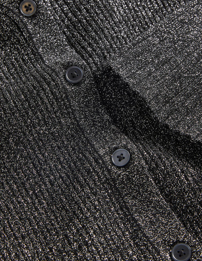 Black Ribbed Metallic Cardigan-Silver, Black-6