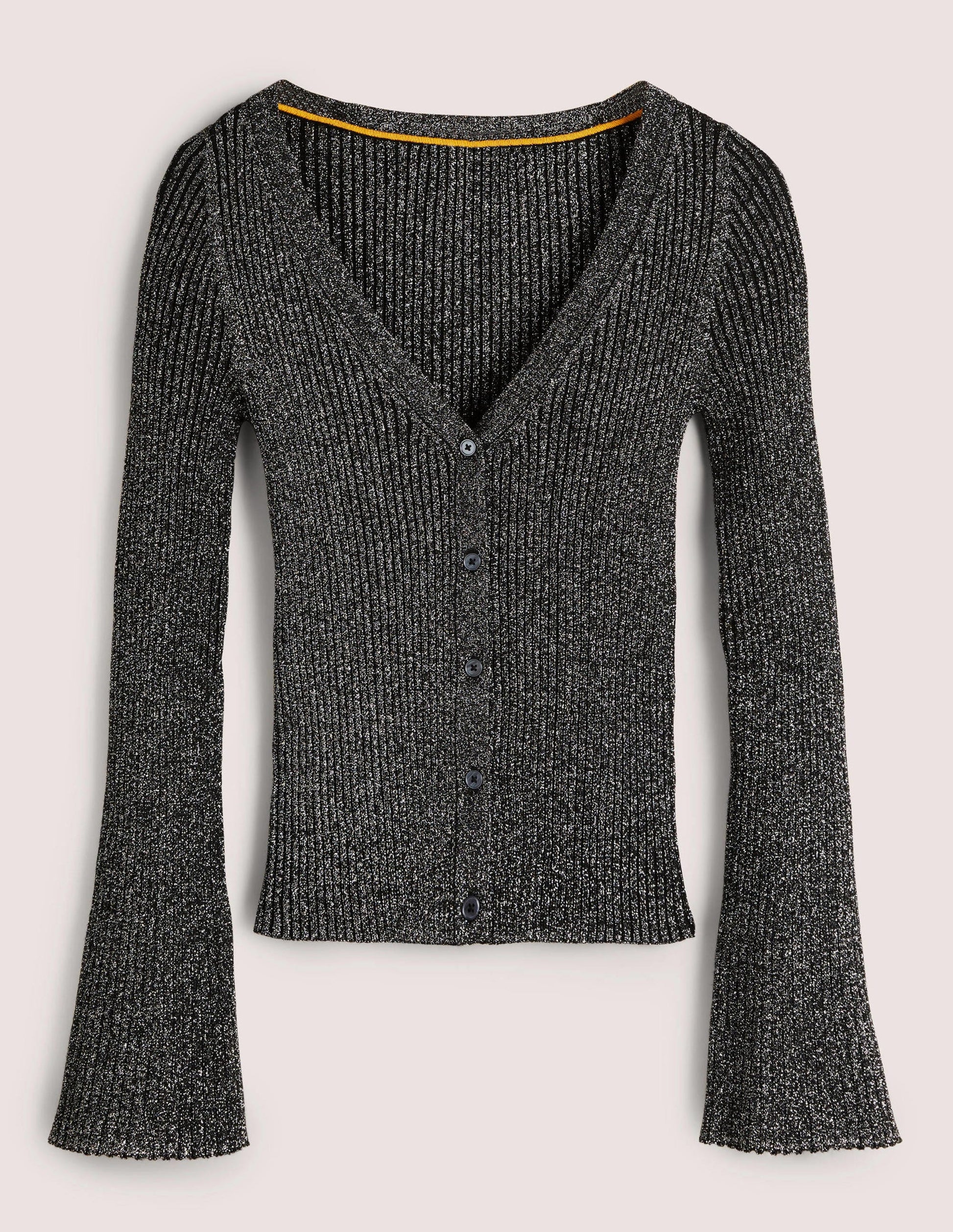 Black Ribbed Metallic Cardigan-Silver, Black-5